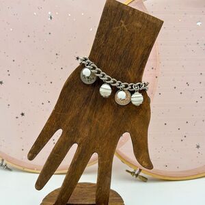 Vintage Faux Coin and White Bead Charm Bracelet Sterling Silver Clasp